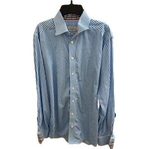 Eton Shirt 15 3/4 Blue Striped Flip Cuffs Cotton Button Contemporary Romania 40